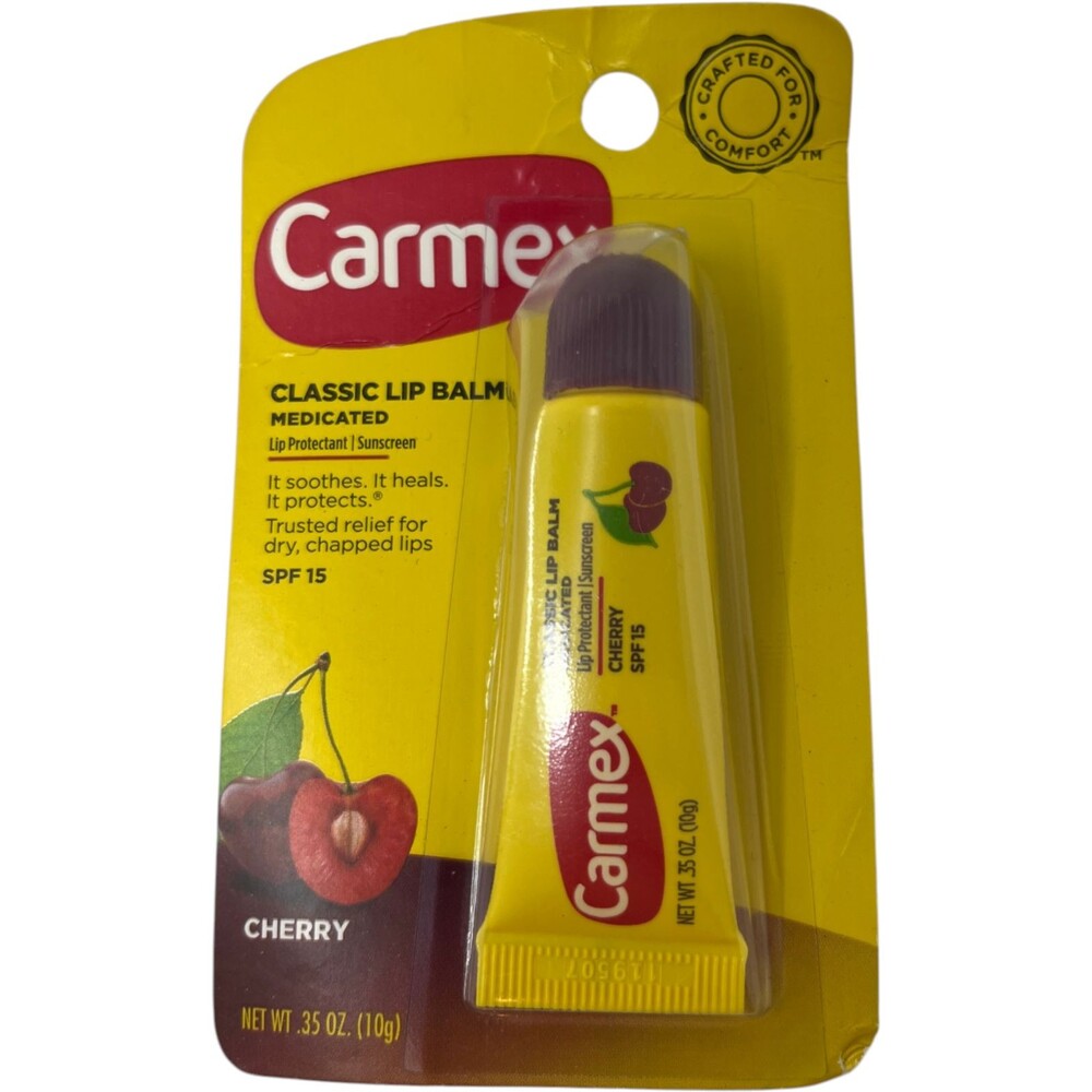 Carmex Classic Lip Balm Tube Medicated Cherry Scent SPF 15 Sunscreen 0.35 oz